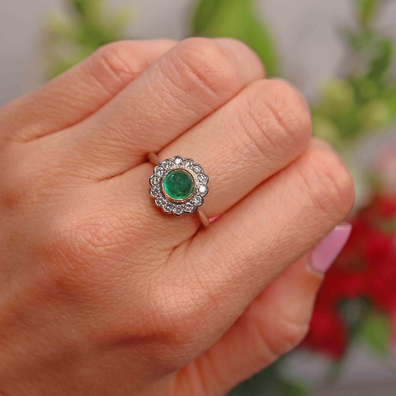 Ellibelle Jewellery Vintage Cabochon Emerald & Diamond Platinum Cluster Ring