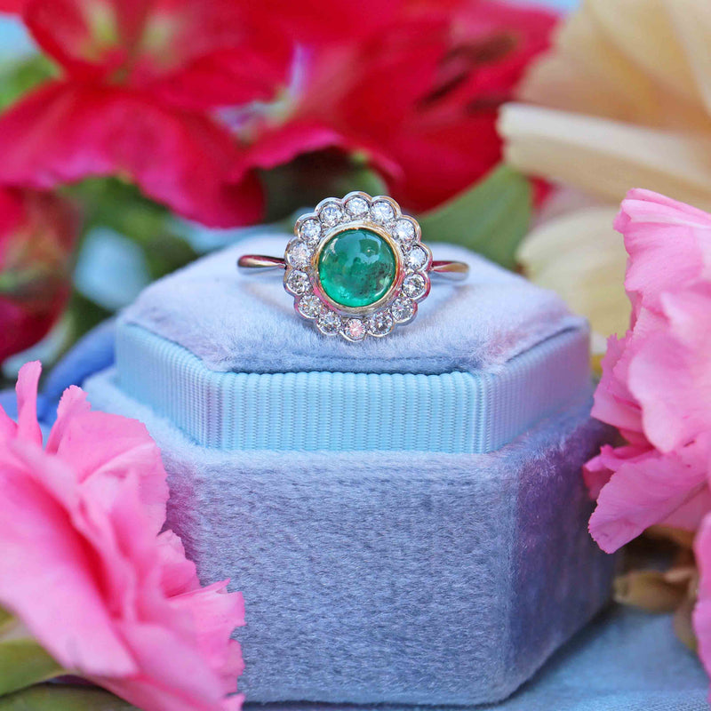 Ellibelle Jewellery Vintage Cabochon Emerald & Diamond Platinum Cluster Ring