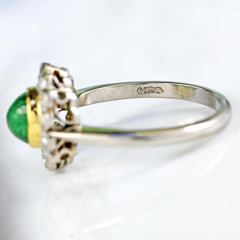 Ellibelle Jewellery Vintage Cabochon Emerald & Diamond Platinum Cluster Ring
