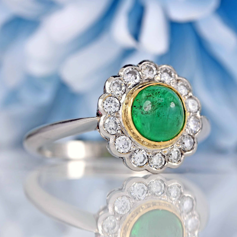 Ellibelle Jewellery Vintage Cabochon Emerald & Diamond Platinum Cluster Ring