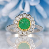 Ellibelle Jewellery Vintage Cabochon Emerald & Diamond Platinum Cluster Ring