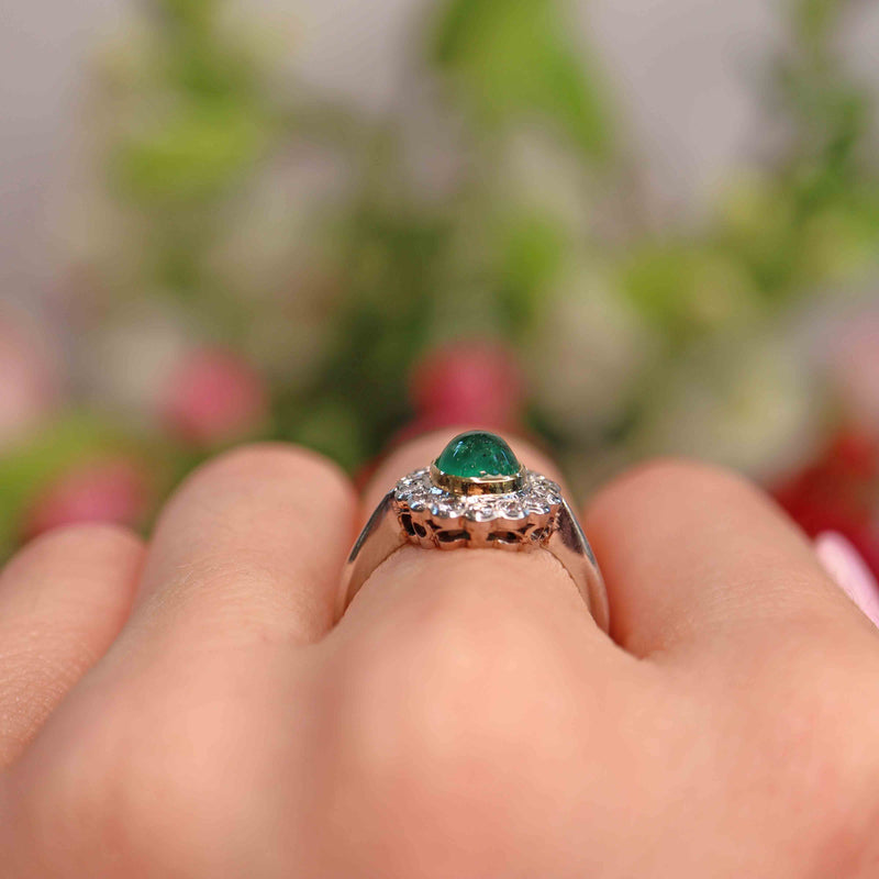 Ellibelle Jewellery Vintage Cabochon Emerald & Diamond Platinum Cluster Ring