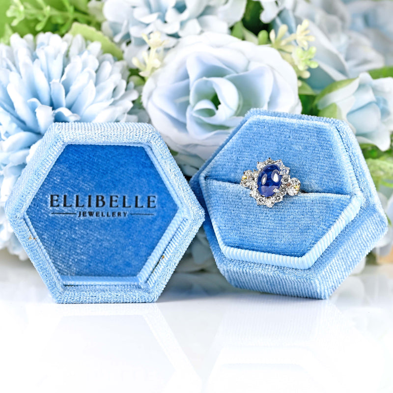Ellibelle Jewellery Vintage Cabochon Sapphire & Diamond 18ct White Gold Cluster Ring