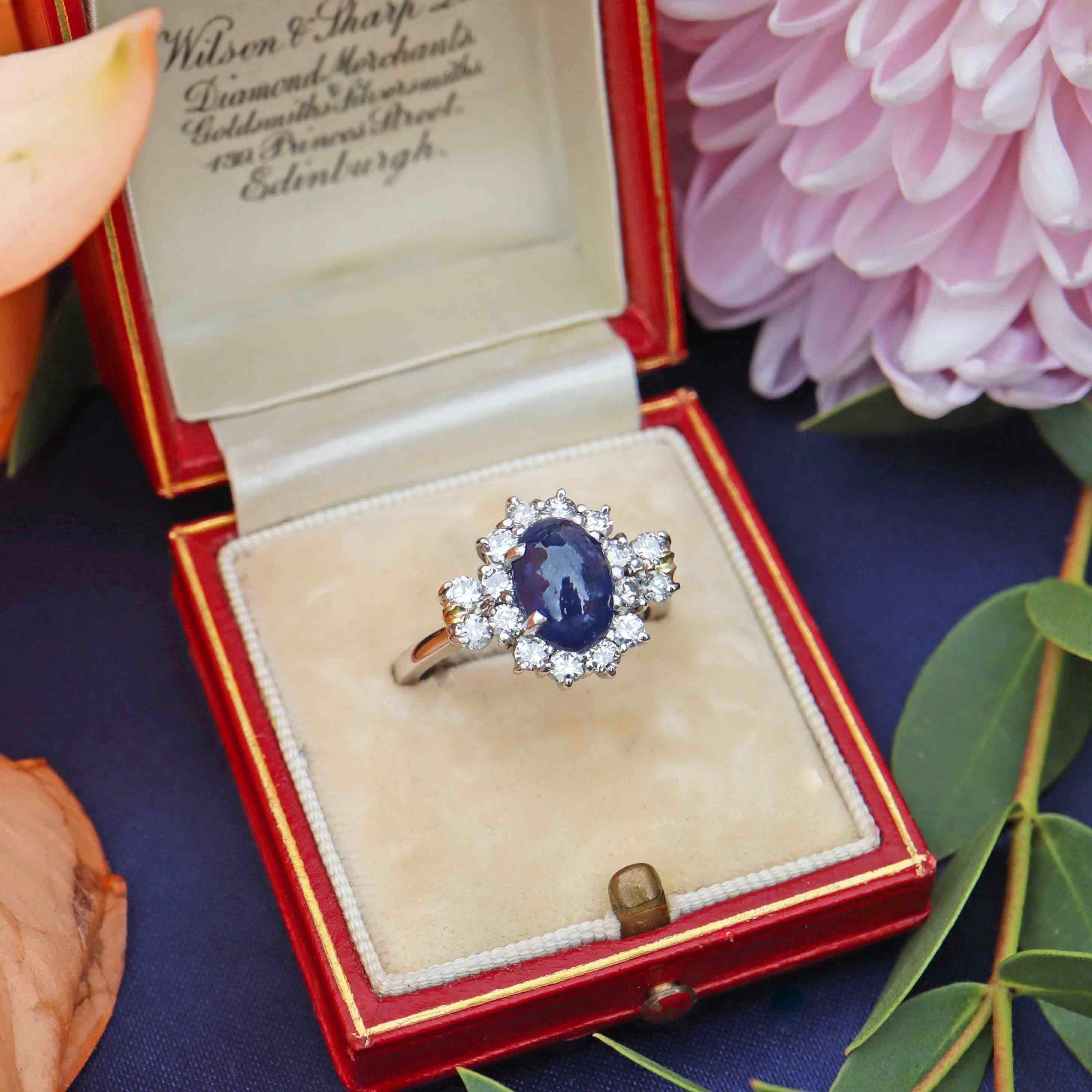 Ellibelle Jewellery Vintage Cabochon Sapphire & Diamond 18ct White Gold Cluster Ring