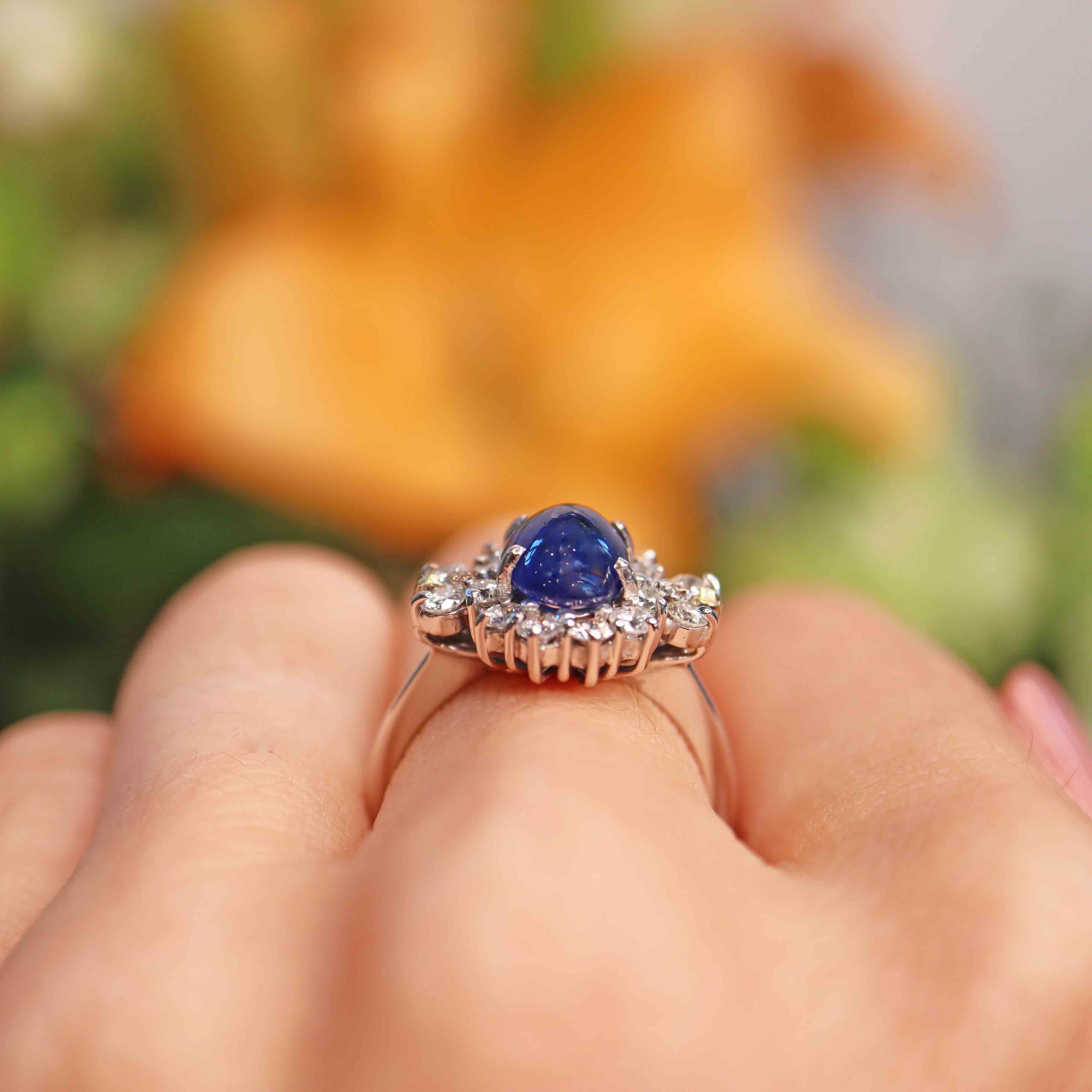 Ellibelle Jewellery Vintage Cabochon Sapphire & Diamond 18ct White Gold Cluster Ring