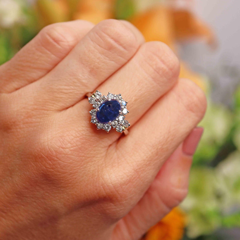 Ellibelle Jewellery Vintage Cabochon Sapphire & Diamond 18ct White Gold Cluster Ring