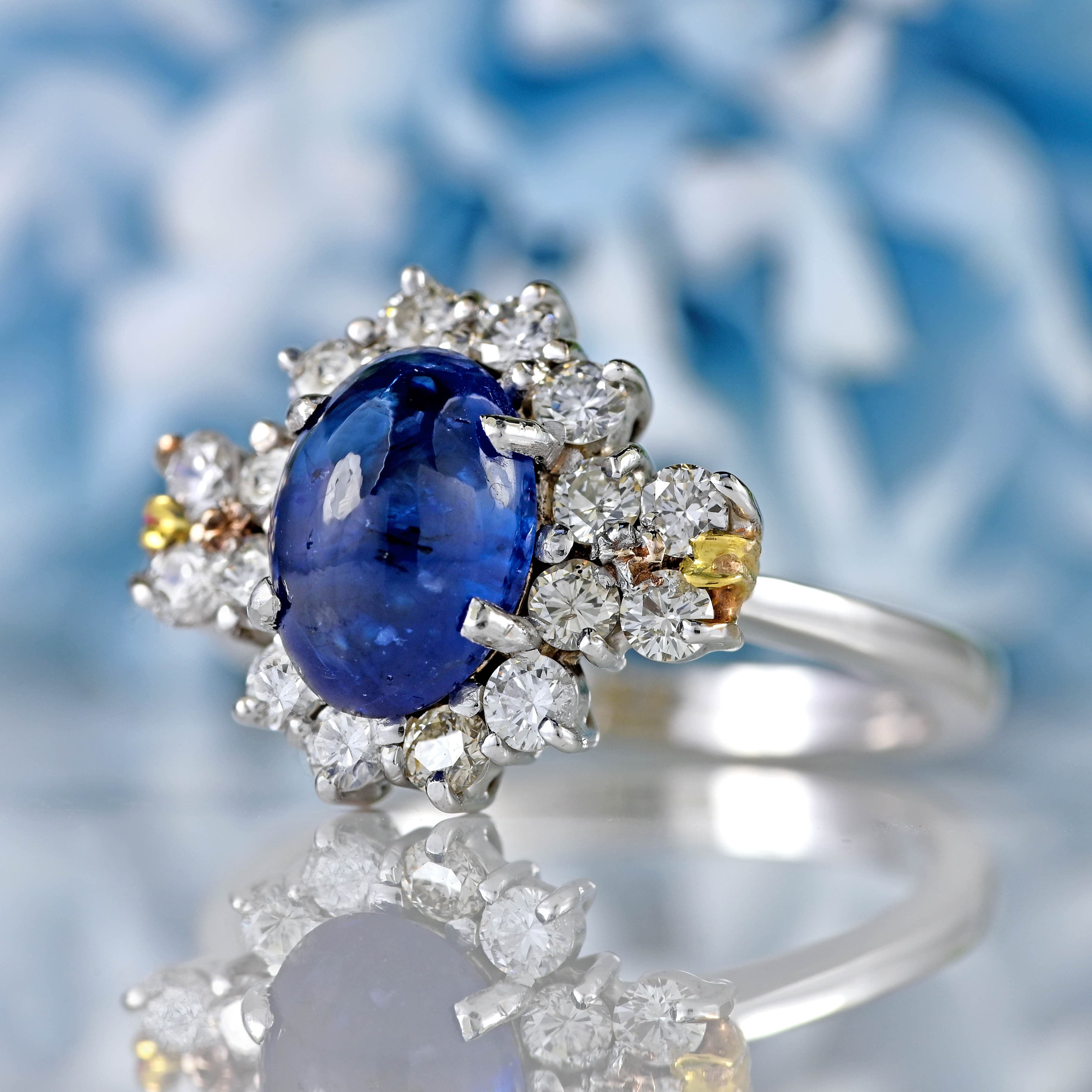 Ellibelle Jewellery Vintage Cabochon Sapphire & Diamond 18ct White Gold Cluster Ring