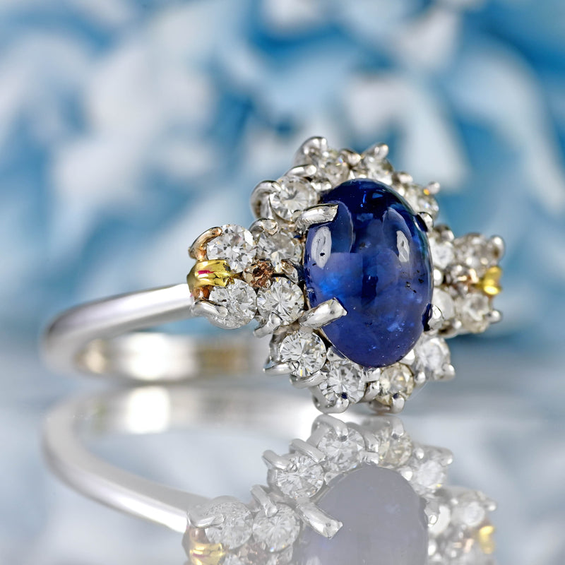 Ellibelle Jewellery Vintage Cabochon Sapphire & Diamond 18ct White Gold Cluster Ring