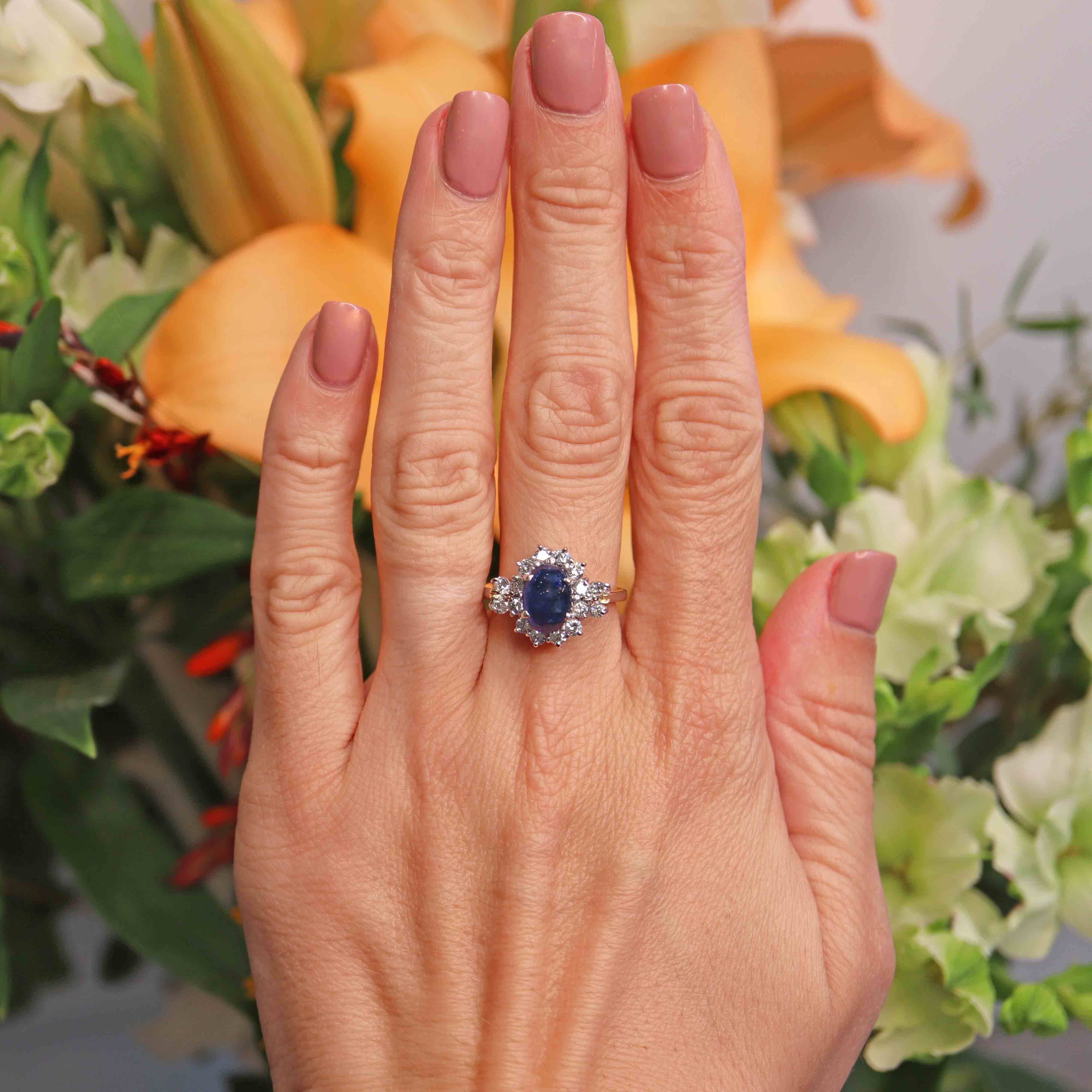Ellibelle Jewellery Vintage Cabochon Sapphire & Diamond 18ct White Gold Cluster Ring
