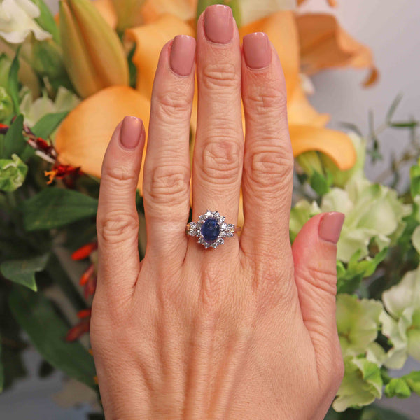 Ellibelle Jewellery Vintage Cabochon Sapphire & Diamond 18ct White Gold Cluster Ring