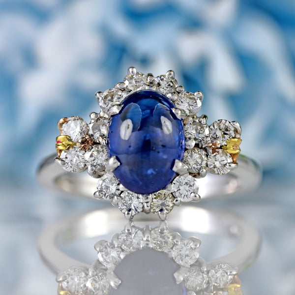 Ellibelle Jewellery Vintage Cabochon Sapphire & Diamond 18ct White Gold Cluster Ring