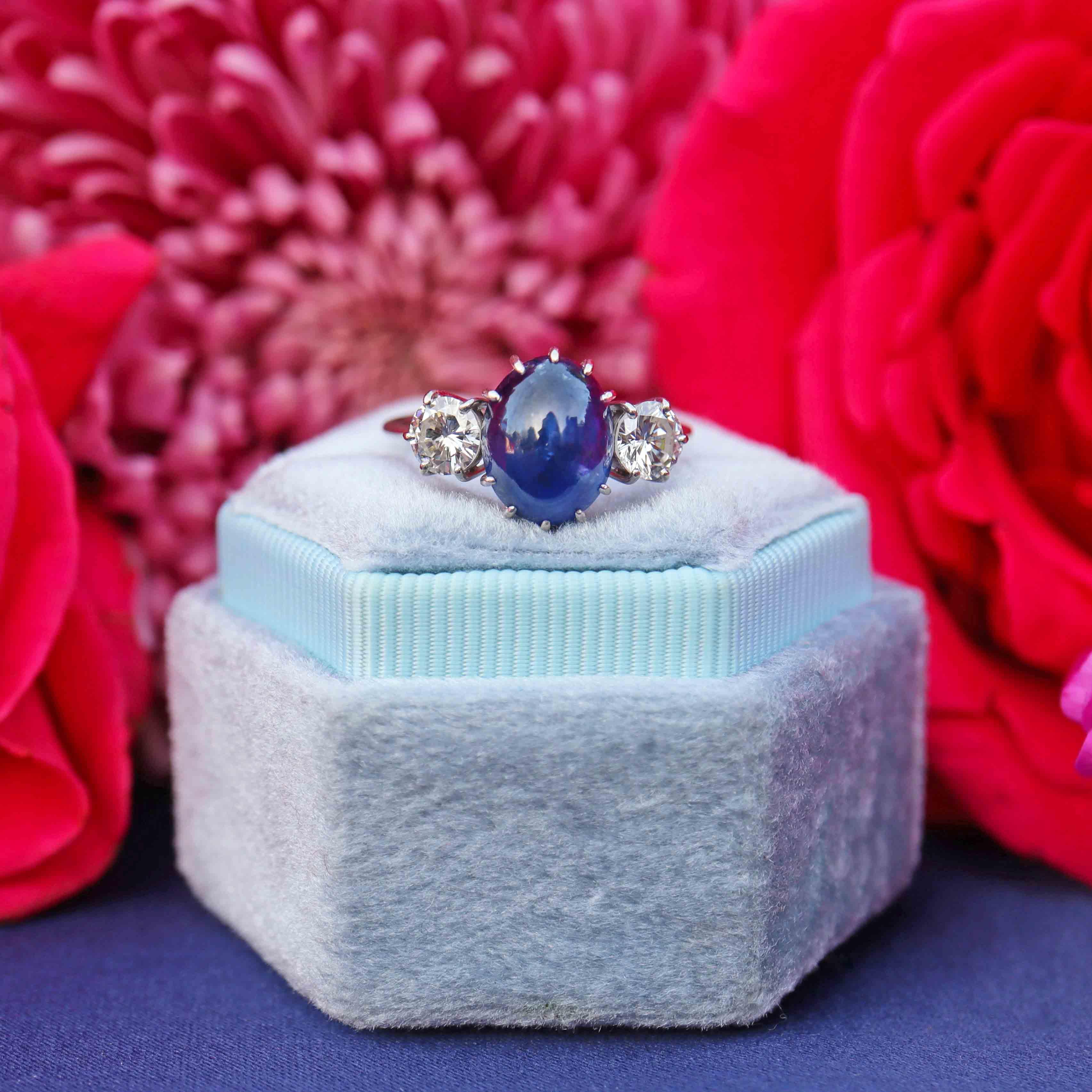 Ellibelle Jewellery Vintage Cabochon Sapphire & Diamond 18ct White Gold Three-Stone Ring