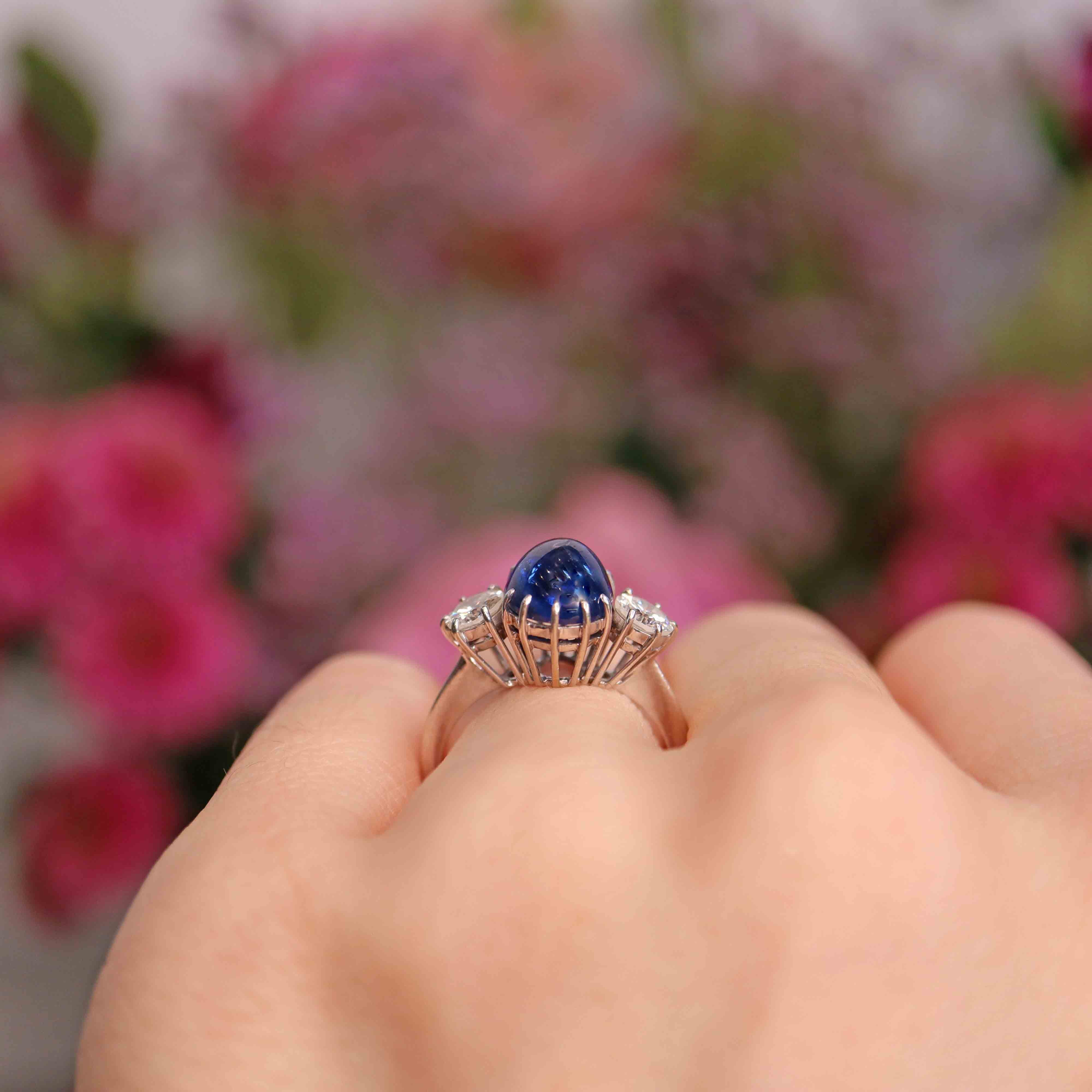 Ellibelle Jewellery Vintage Cabochon Sapphire & Diamond 18ct White Gold Three-Stone Ring