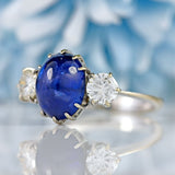 Ellibelle Jewellery Vintage Cabochon Sapphire & Diamond 18ct White Gold Three-Stone Ring