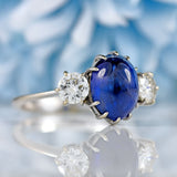 Ellibelle Jewellery Vintage Cabochon Sapphire & Diamond 18ct White Gold Three-Stone Ring
