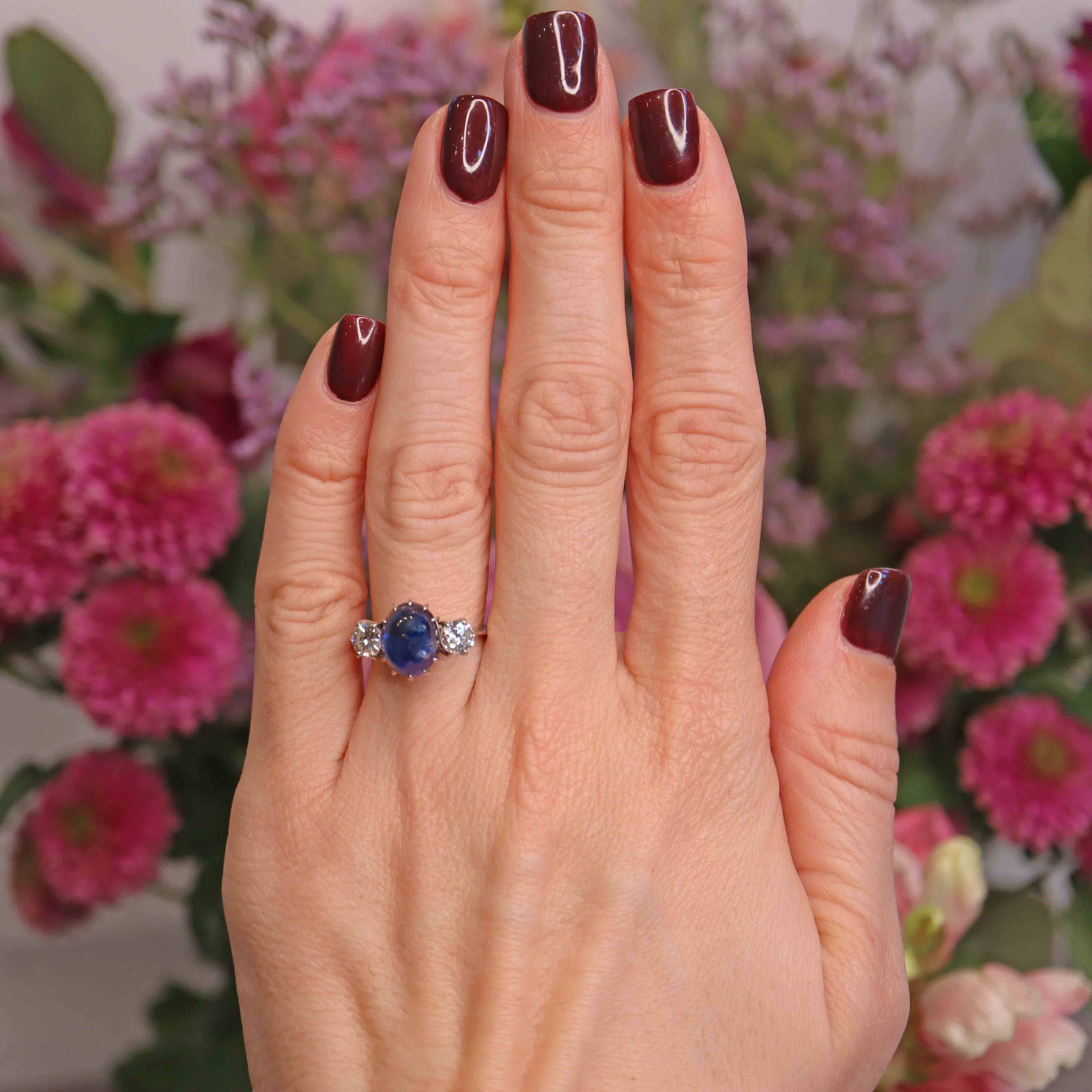 Ellibelle Jewellery Vintage Cabochon Sapphire & Diamond 18ct White Gold Three-Stone Ring