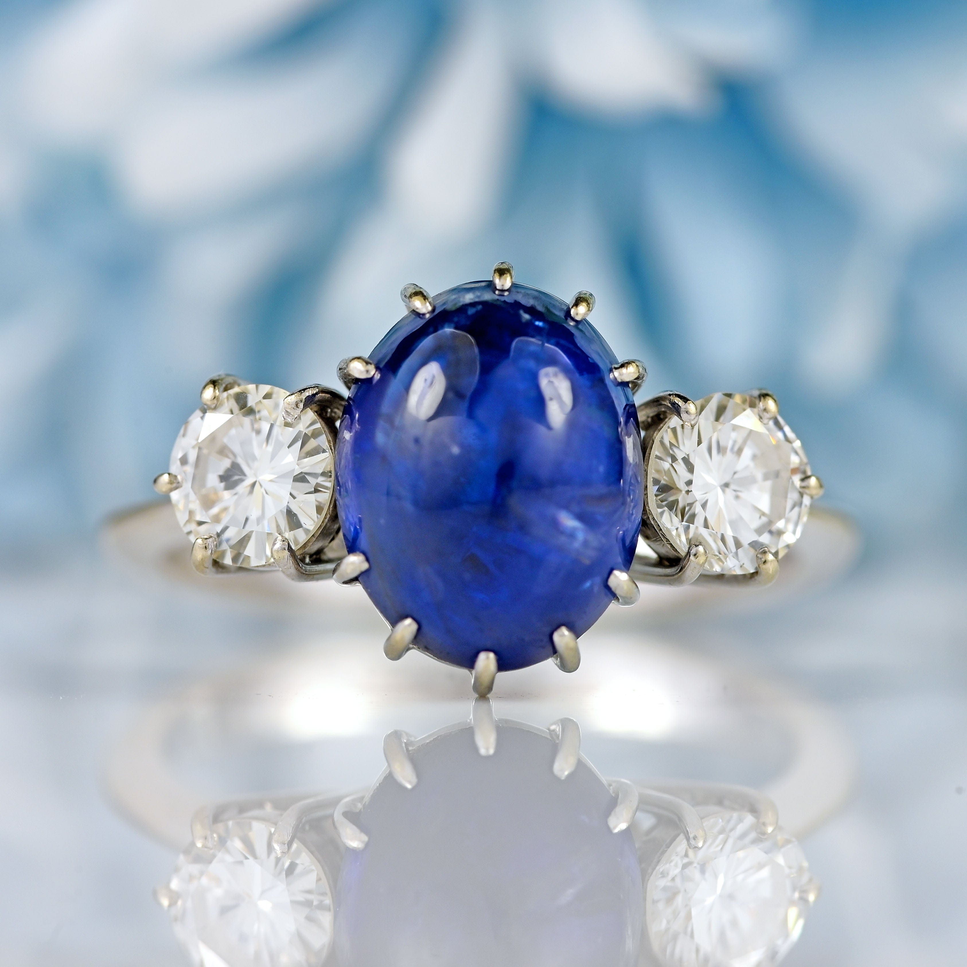 Ellibelle Jewellery Vintage Cabochon Sapphire & Diamond 18ct White Gold Three-Stone Ring