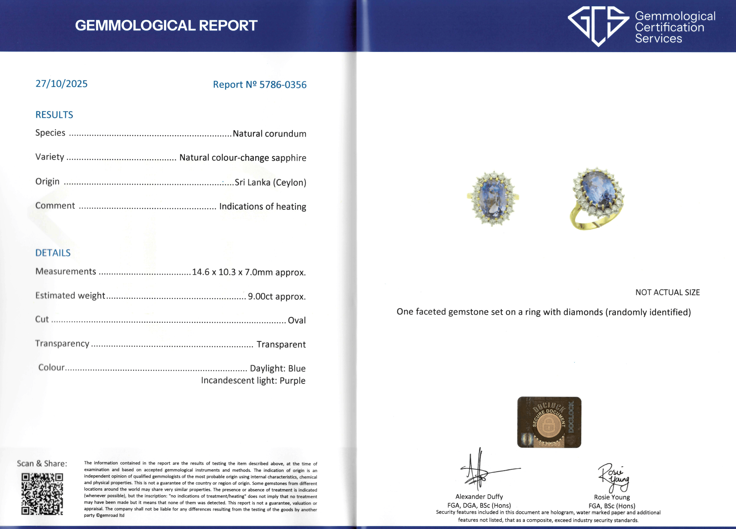 Ellibelle Jewellery Vintage Certified Colour-Change Sapphire & Diamond 18ct Gold Cluster Engagement Ring
