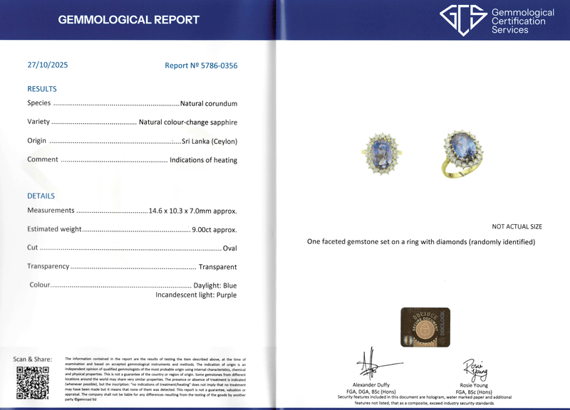 Ellibelle Jewellery Vintage Certified Colour-Change Sapphire & Diamond 18ct Gold Cluster Engagement Ring