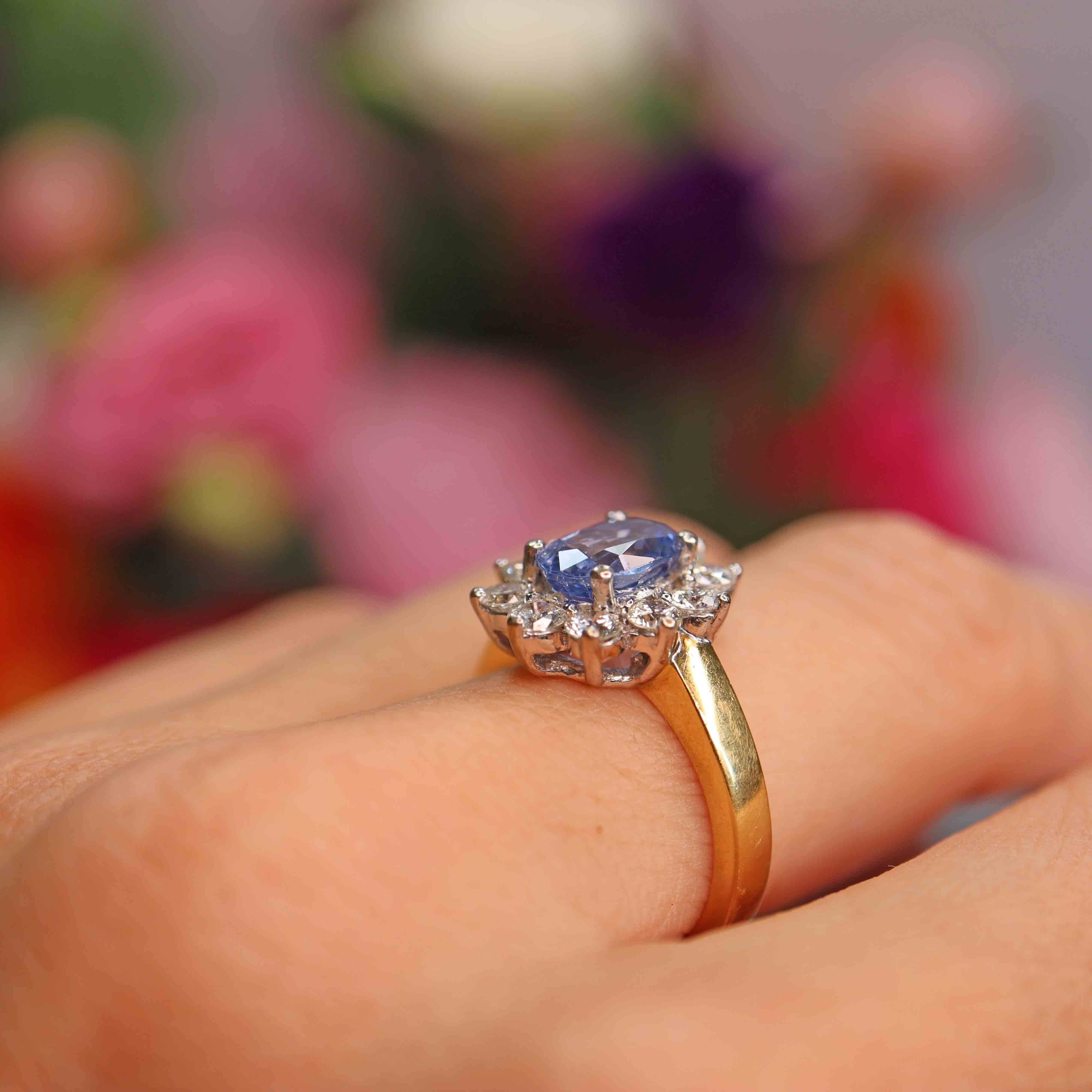 Ellibelle Jewellery Vintage Ceylon Sapphire & Diamond 18ct Gold Cluster Engagement Ring (1.85cts)