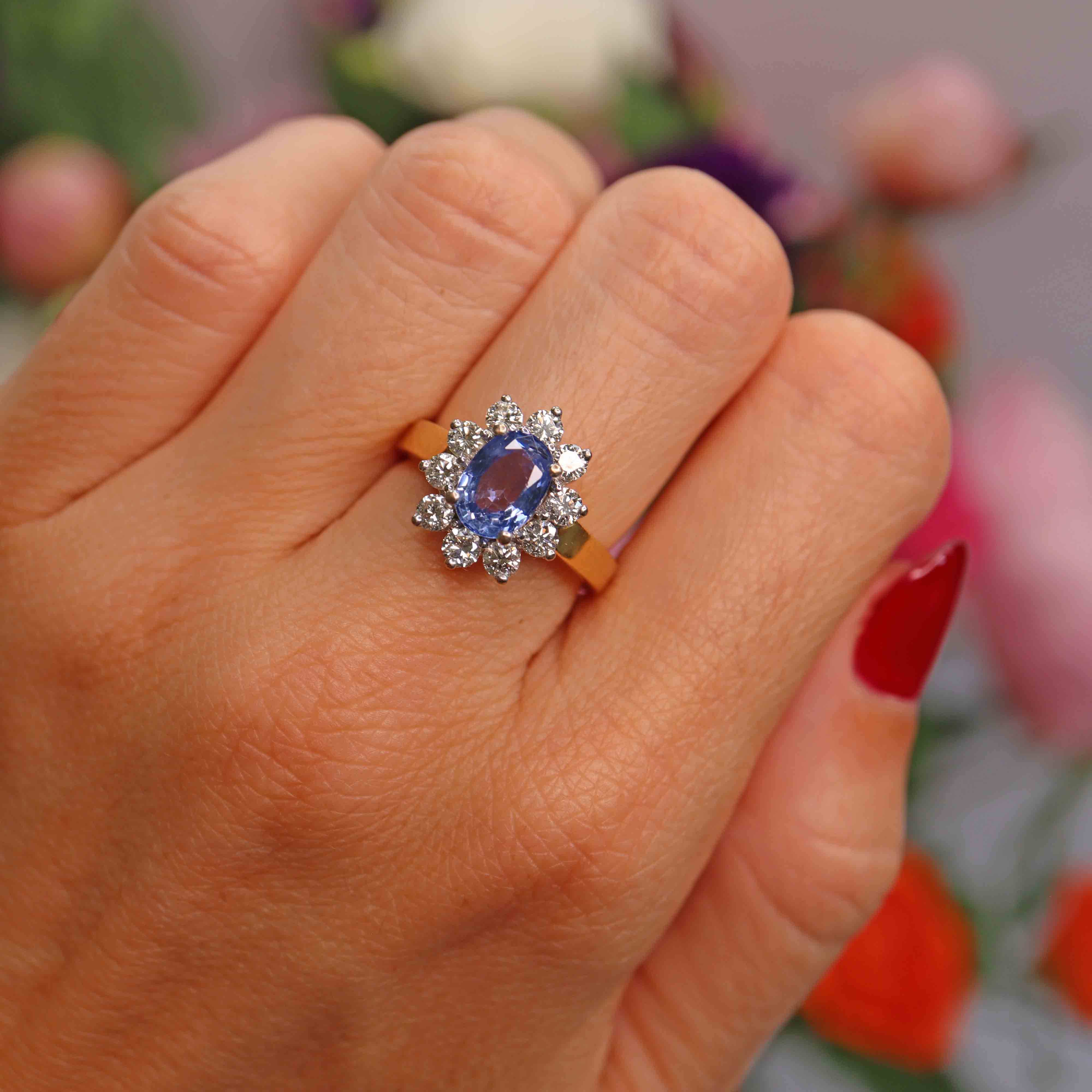Ellibelle Jewellery Vintage Ceylon Sapphire & Diamond 18ct Gold Cluster Engagement Ring (1.85cts)