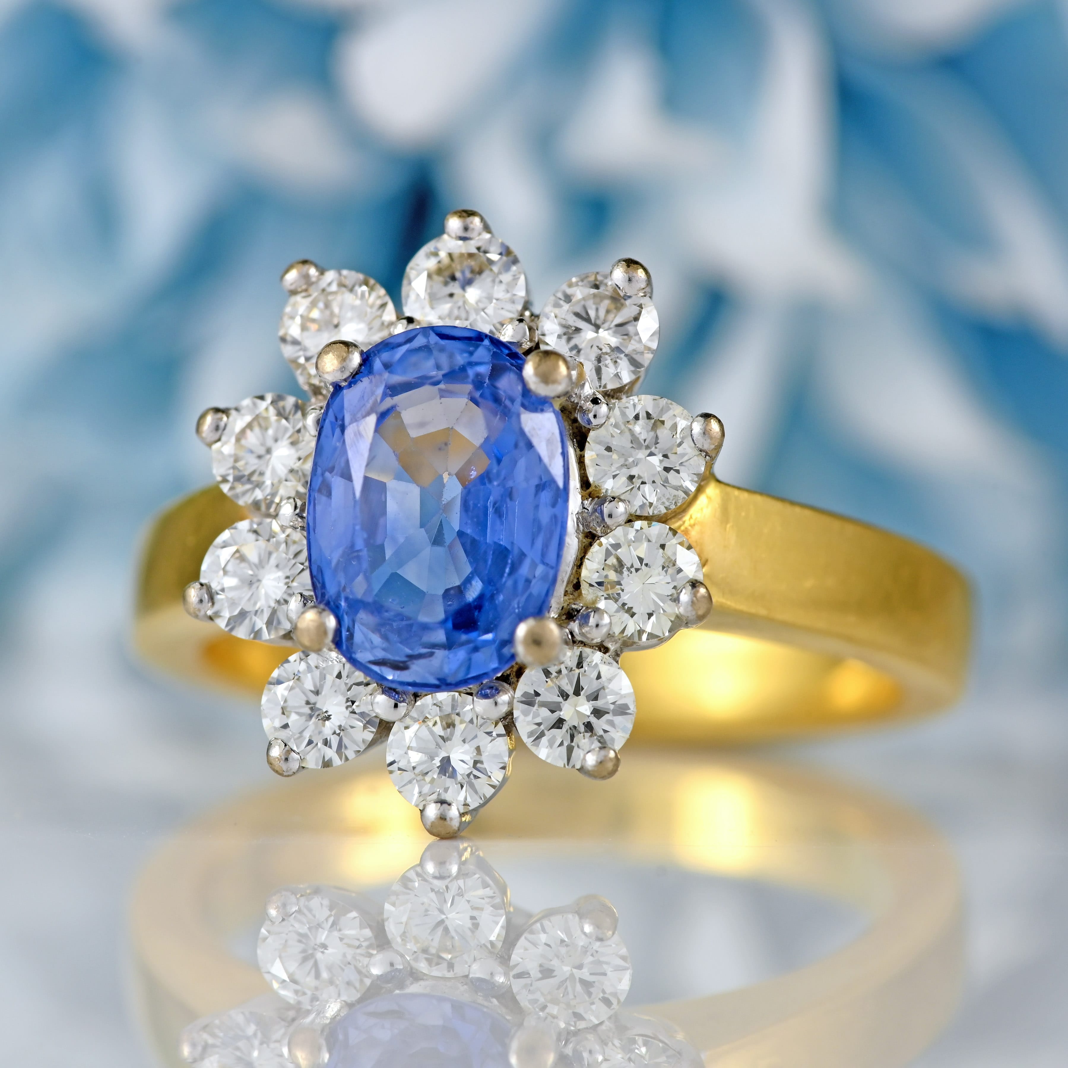 Ellibelle Jewellery Vintage Ceylon Sapphire & Diamond 18ct Gold Cluster Engagement Ring (1.85cts)