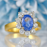 Ellibelle Jewellery Vintage Ceylon Sapphire & Diamond 18ct Gold Cluster Engagement Ring (1.85cts)