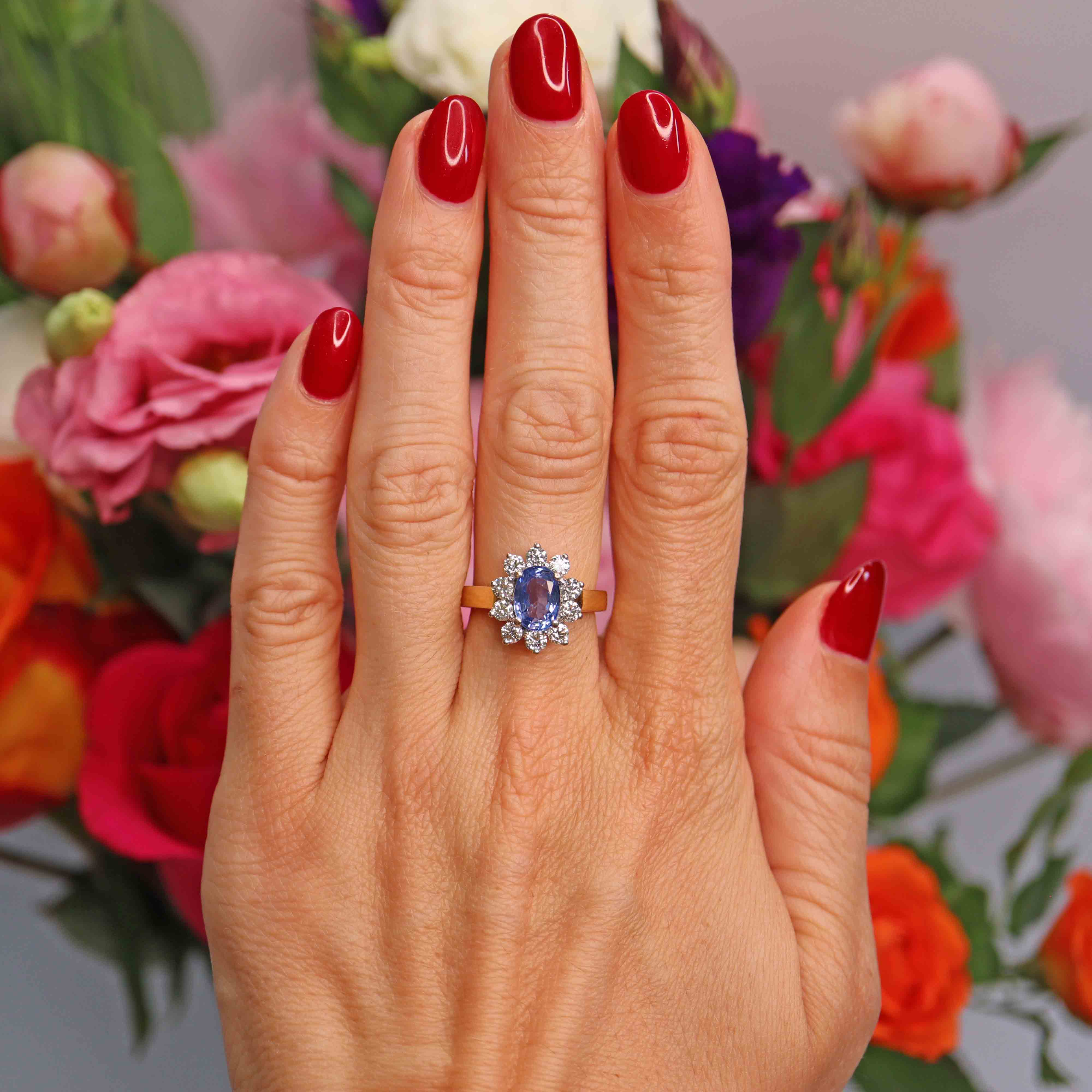 Ellibelle Jewellery Vintage Ceylon Sapphire & Diamond 18ct Gold Cluster Engagement Ring (1.85cts)