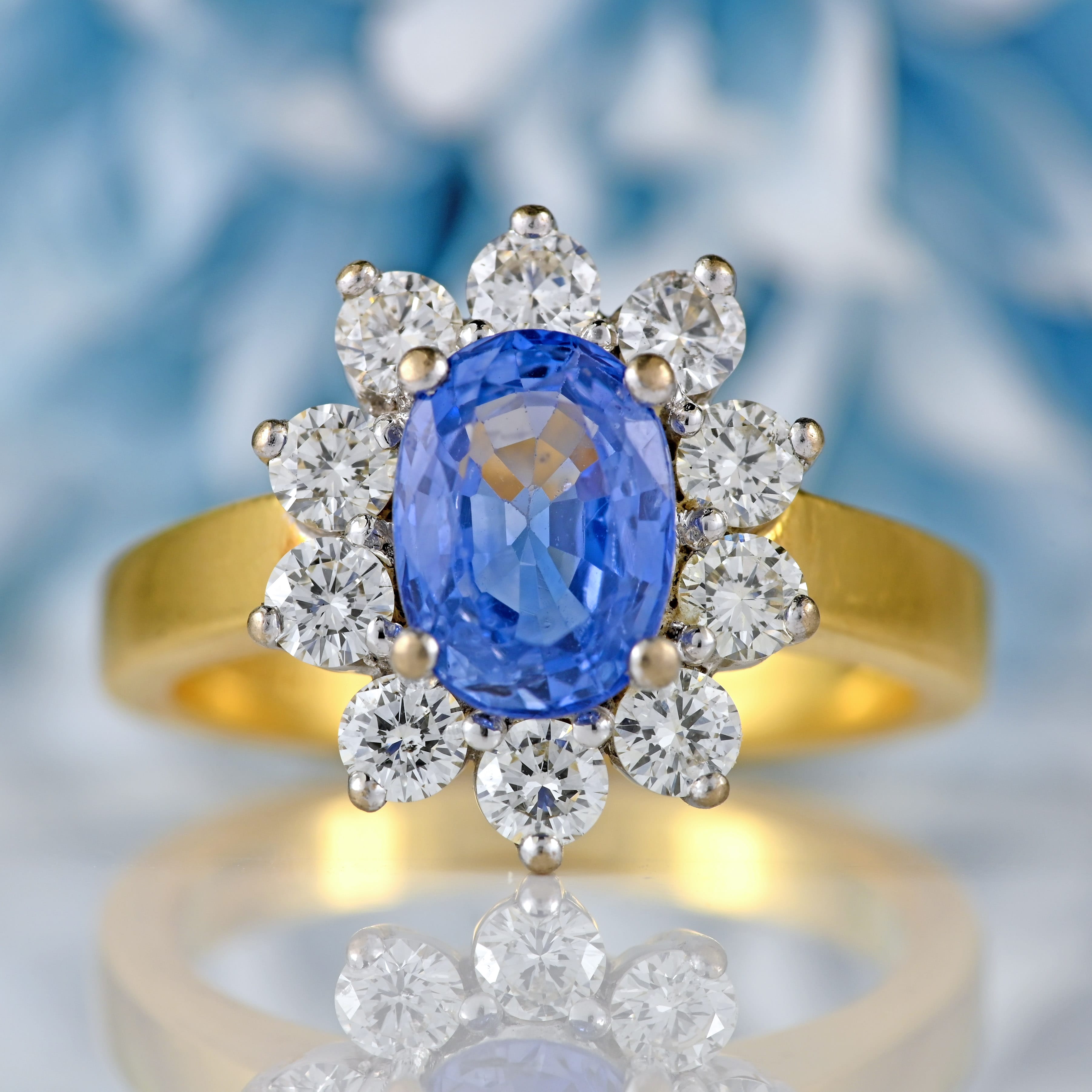 Ellibelle Jewellery Vintage Ceylon Sapphire & Diamond 18ct Gold Cluster Engagement Ring (1.85cts)
