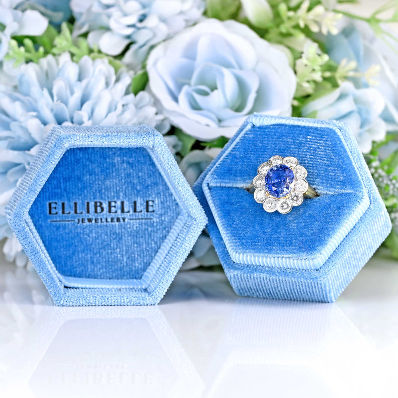 Ellibelle Jewellery Vintage Ceylon Sapphire & Diamond 18ct Gold Cluster Engagement Ring (2.95cts)