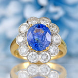 Ellibelle Jewellery Vintage Ceylon Sapphire & Diamond 18ct Gold Cluster Engagement Ring (2.95cts)