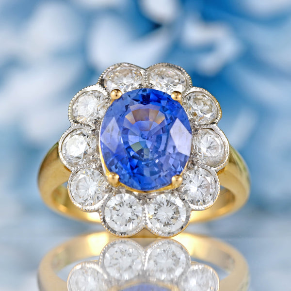 Ellibelle Jewellery Vintage Ceylon Sapphire & Diamond 18ct Gold Cluster Engagement Ring (2.95cts)