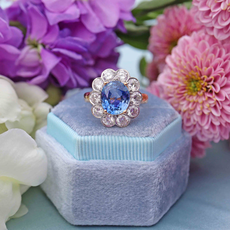 Ellibelle Jewellery Vintage Ceylon Sapphire & Diamond 18ct Gold Cluster Engagement Ring (2.95cts)