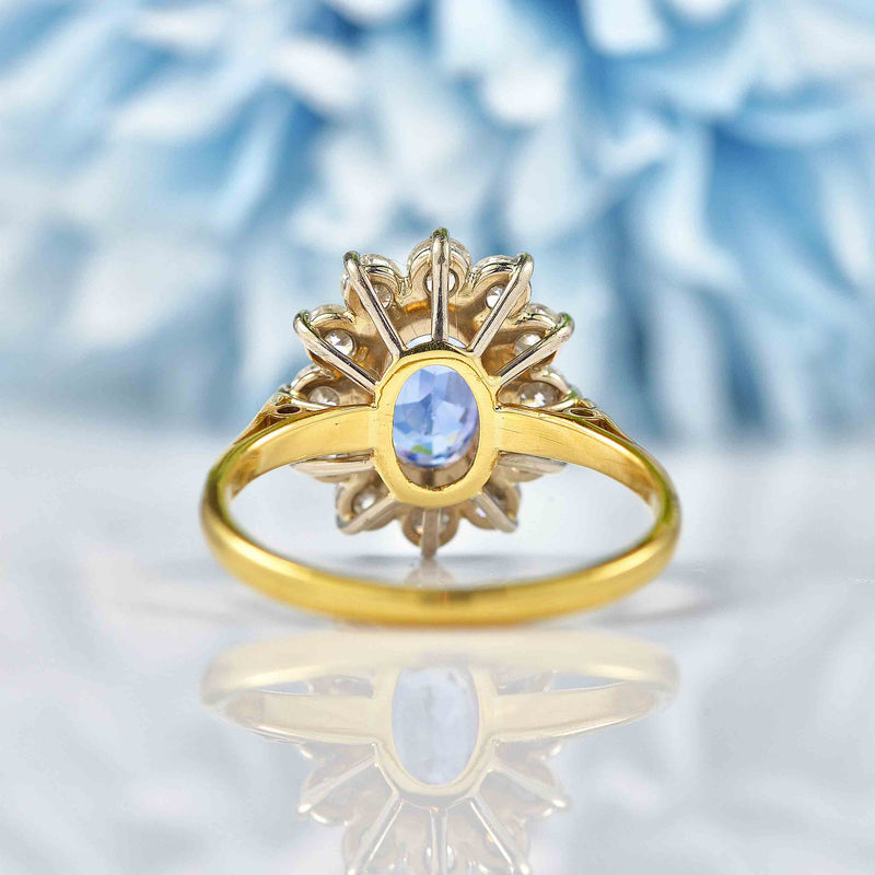 Ellibelle Jewellery Vintage Ceylon Sapphire & Diamond 18ct Gold Cluster Engagement Ring