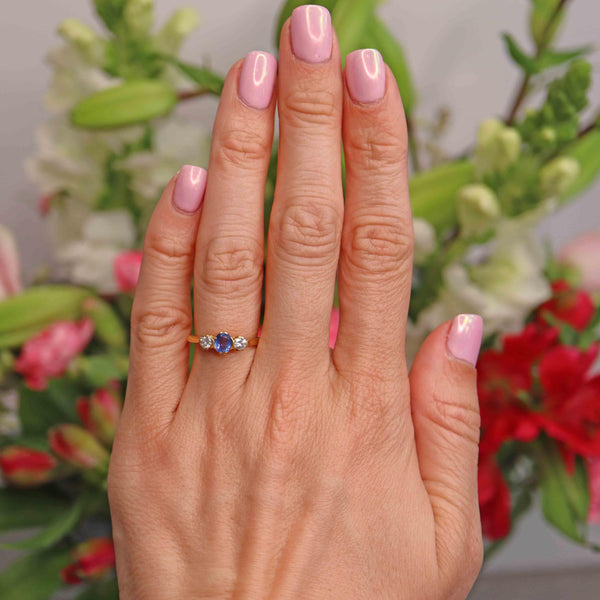Ellibelle Jewellery Vintage Ceylon Sapphire & Diamond 18ct Gold Three-Stone Trilogy Engagement Ring