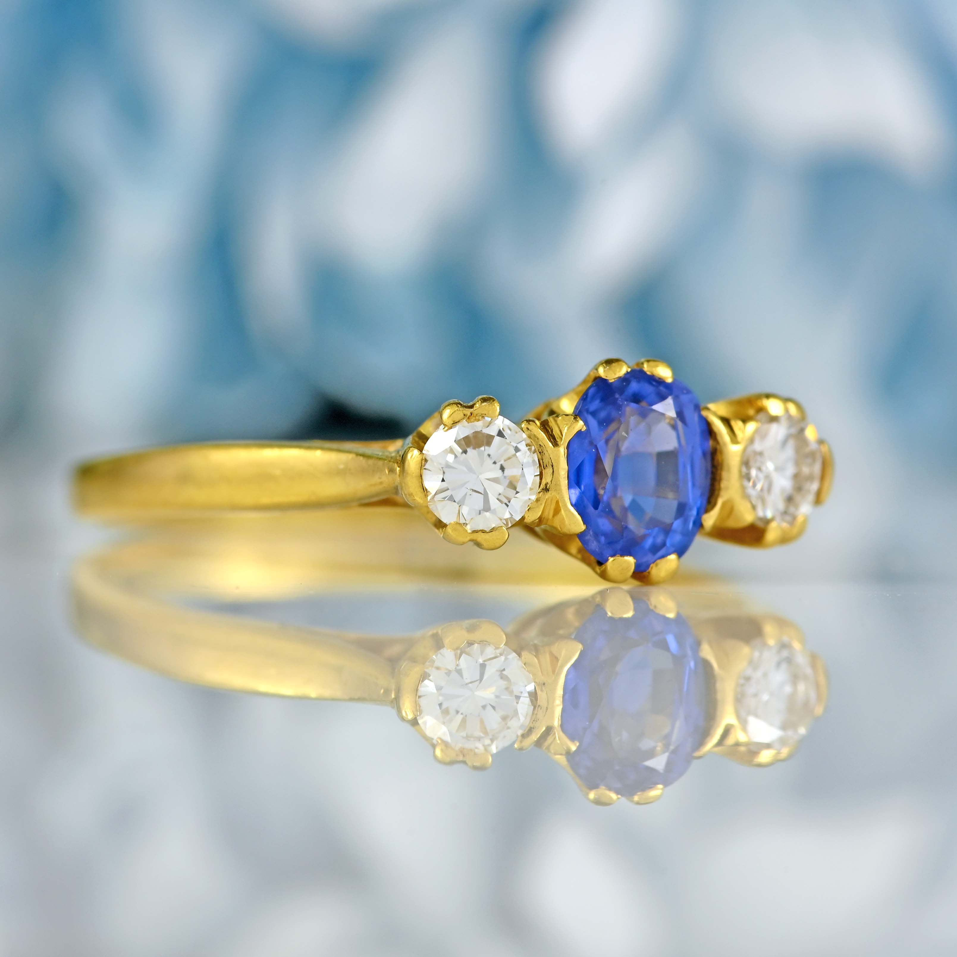 Ellibelle Jewellery Vintage Ceylon Sapphire & Diamond 18ct Gold Three-Stone Trilogy Engagement Ring