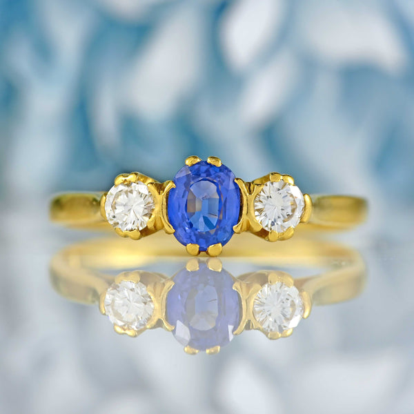 Ellibelle Jewellery Vintage Ceylon Sapphire & Diamond 18ct Gold Three-Stone Trilogy Engagement Ring