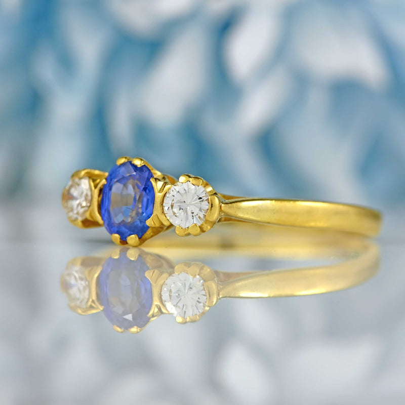 Ellibelle Jewellery Vintage Ceylon Sapphire & Diamond 18ct Gold Three-Stone Trilogy Engagement Ring