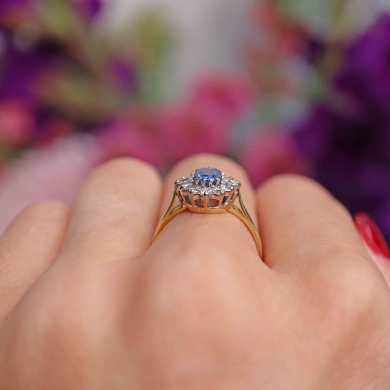 Ellibelle Jewellery Vintage Ceylon Sapphire & Vari-Cut Diamond 18ct Gold Cluster Ring