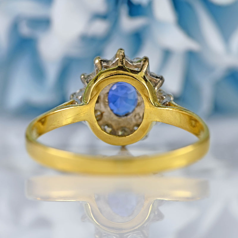 Ellibelle Jewellery Vintage Ceylon Sapphire & Vari-Cut Diamond 18ct Gold Cluster Ring