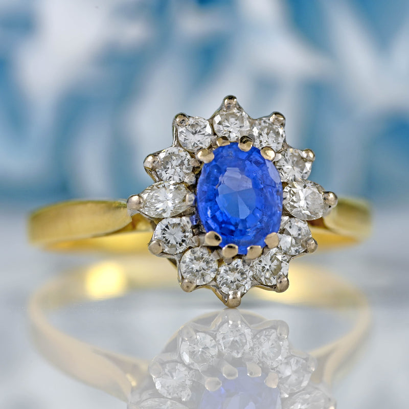 Ellibelle Jewellery Vintage Ceylon Sapphire & Vari-Cut Diamond 18ct Gold Cluster Ring