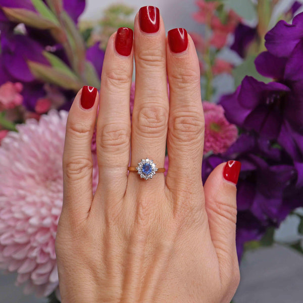 Ellibelle Jewellery Vintage Ceylon Sapphire & Vari-Cut Diamond 18ct Gold Cluster Ring