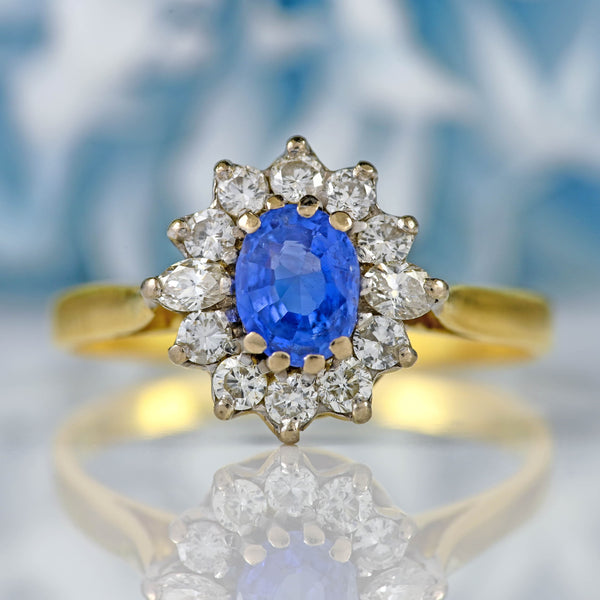 Ellibelle Jewellery Vintage Ceylon Sapphire & Vari-Cut Diamond 18ct Gold Cluster Ring