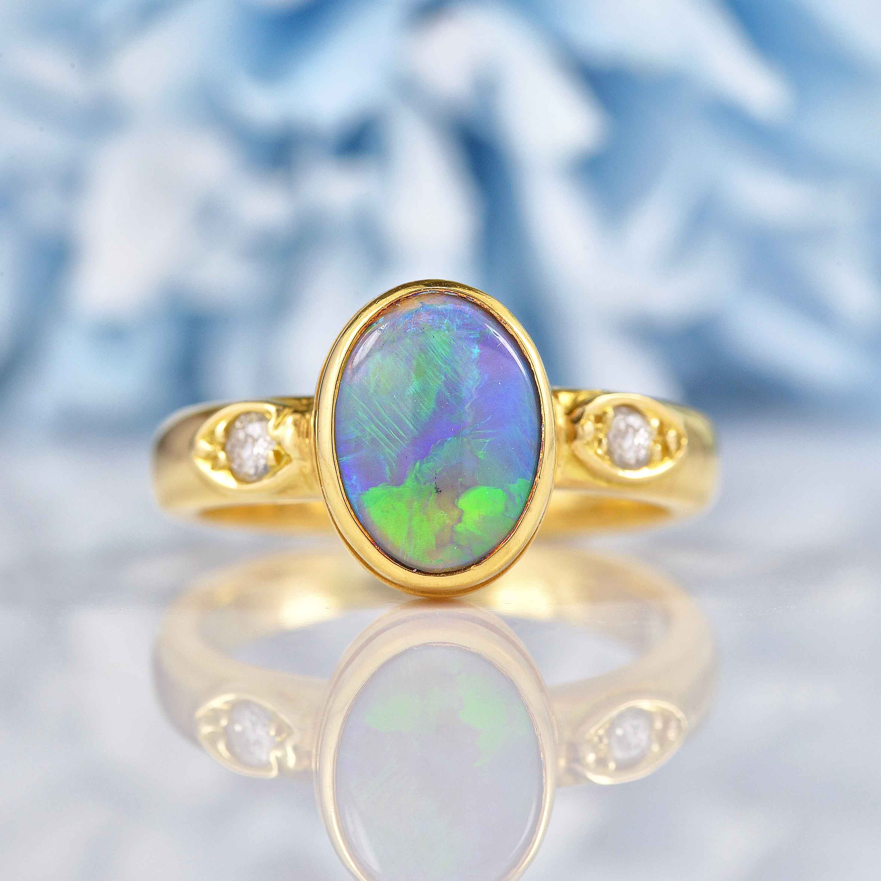 Ellibelle Jewellery Vintage Dark Opal & Diamond 18ct Gold Ring