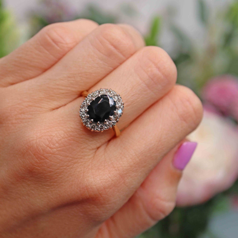 Ellibelle Jewellery Vintage Dark Sapphire & Diamond 18ct Gold Cluster Ring (4.00cts)