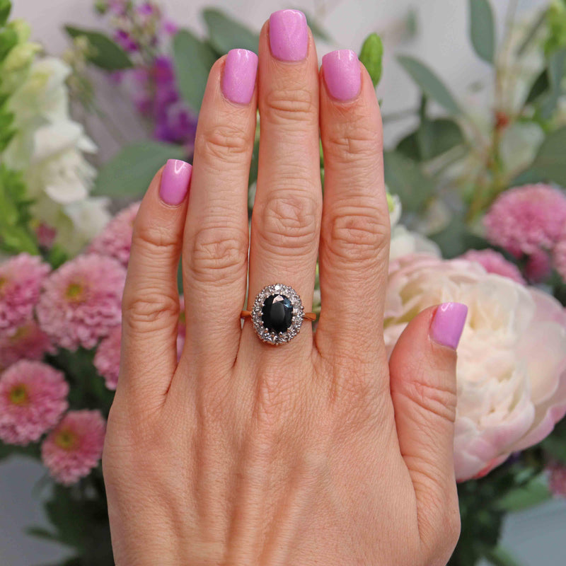 Ellibelle Jewellery Vintage Dark Sapphire & Diamond 18ct Gold Cluster Ring (4.00cts)
