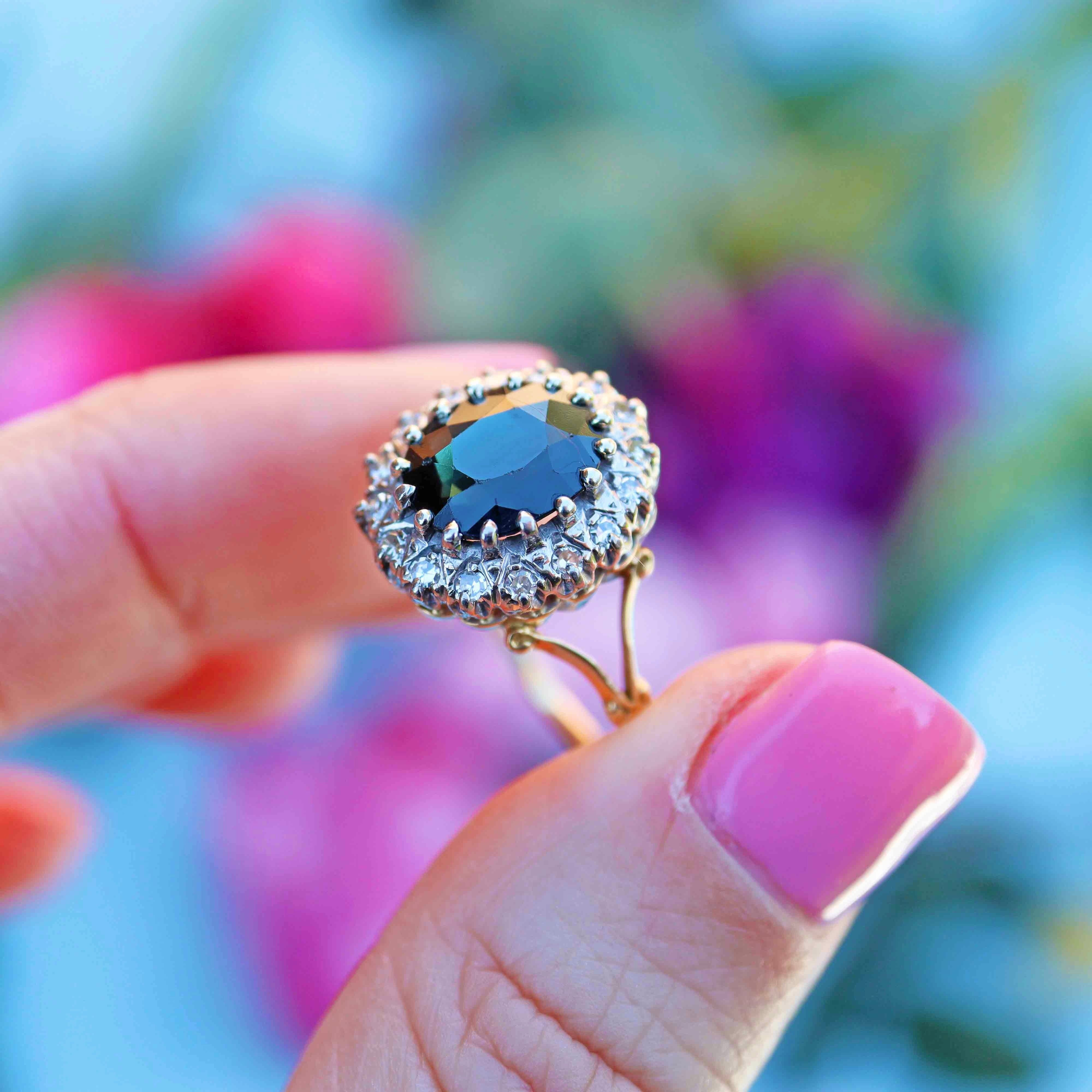 Ellibelle Jewellery Vintage Dark Sapphire & Diamond 18ct Gold Oval Cluster Ring (3.00cts)