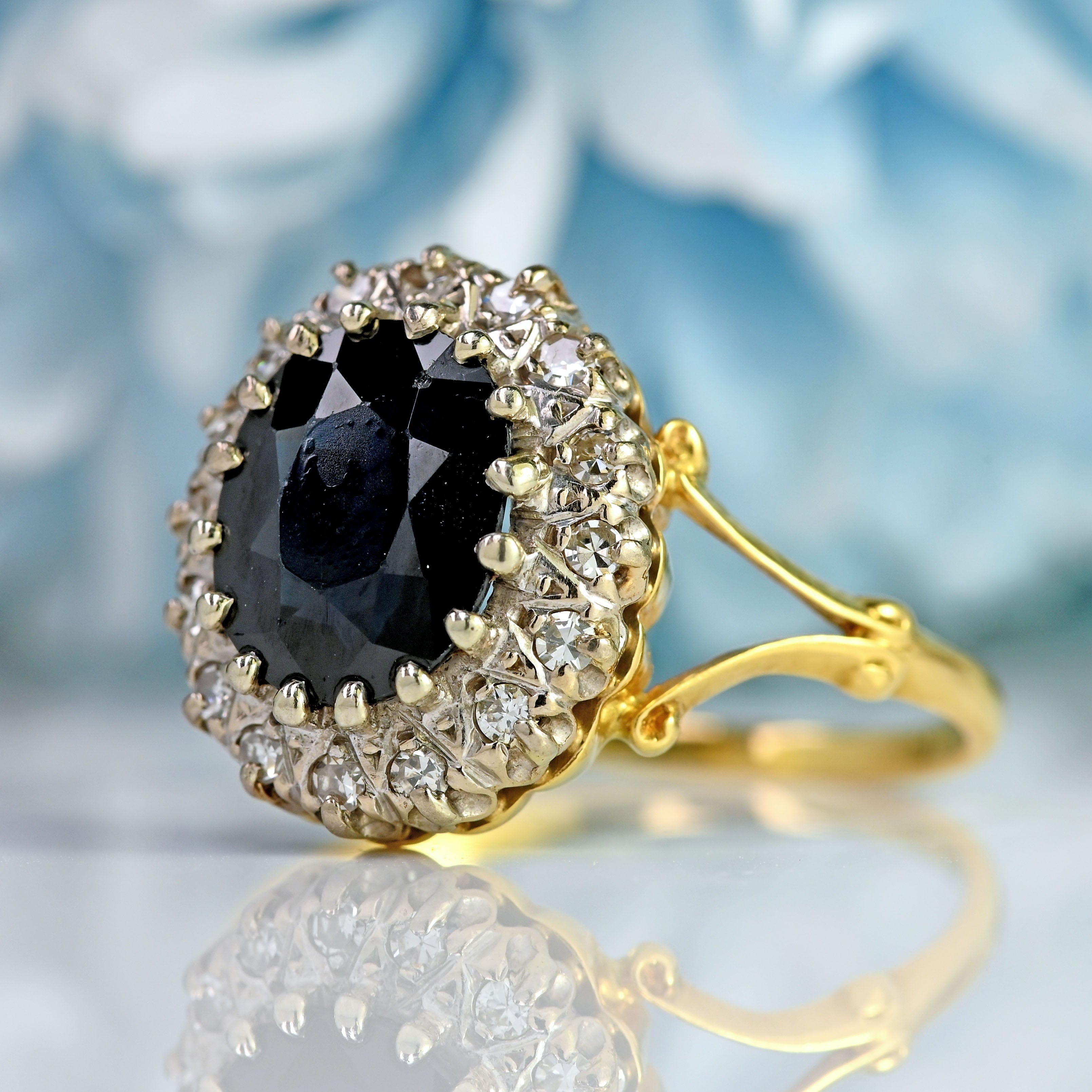 Ellibelle Jewellery Vintage Dark Sapphire & Diamond 18ct Gold Oval Cluster Ring (3.00cts)