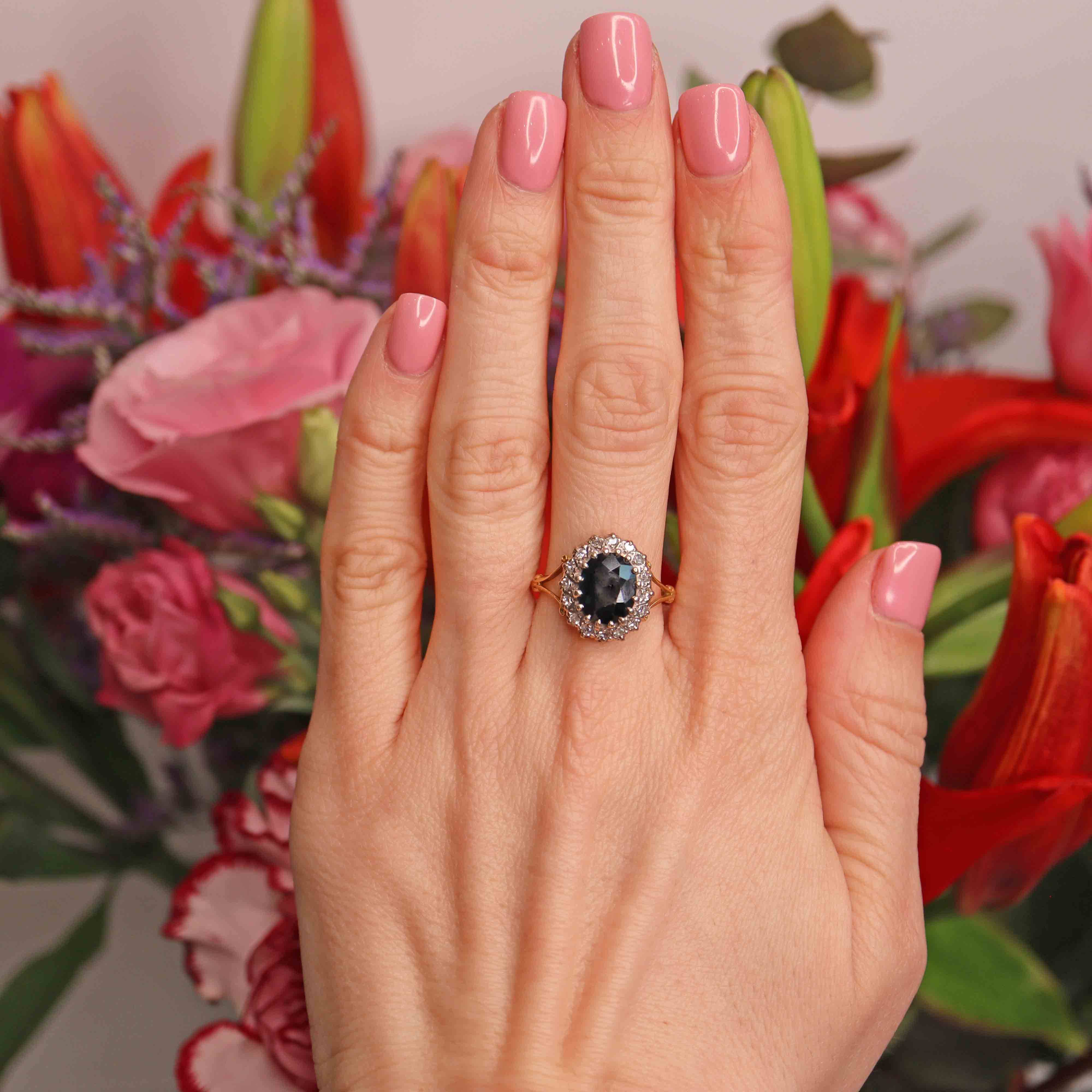 Ellibelle Jewellery Vintage Dark Sapphire & Diamond 18ct Gold Oval Cluster Ring (3.00cts)