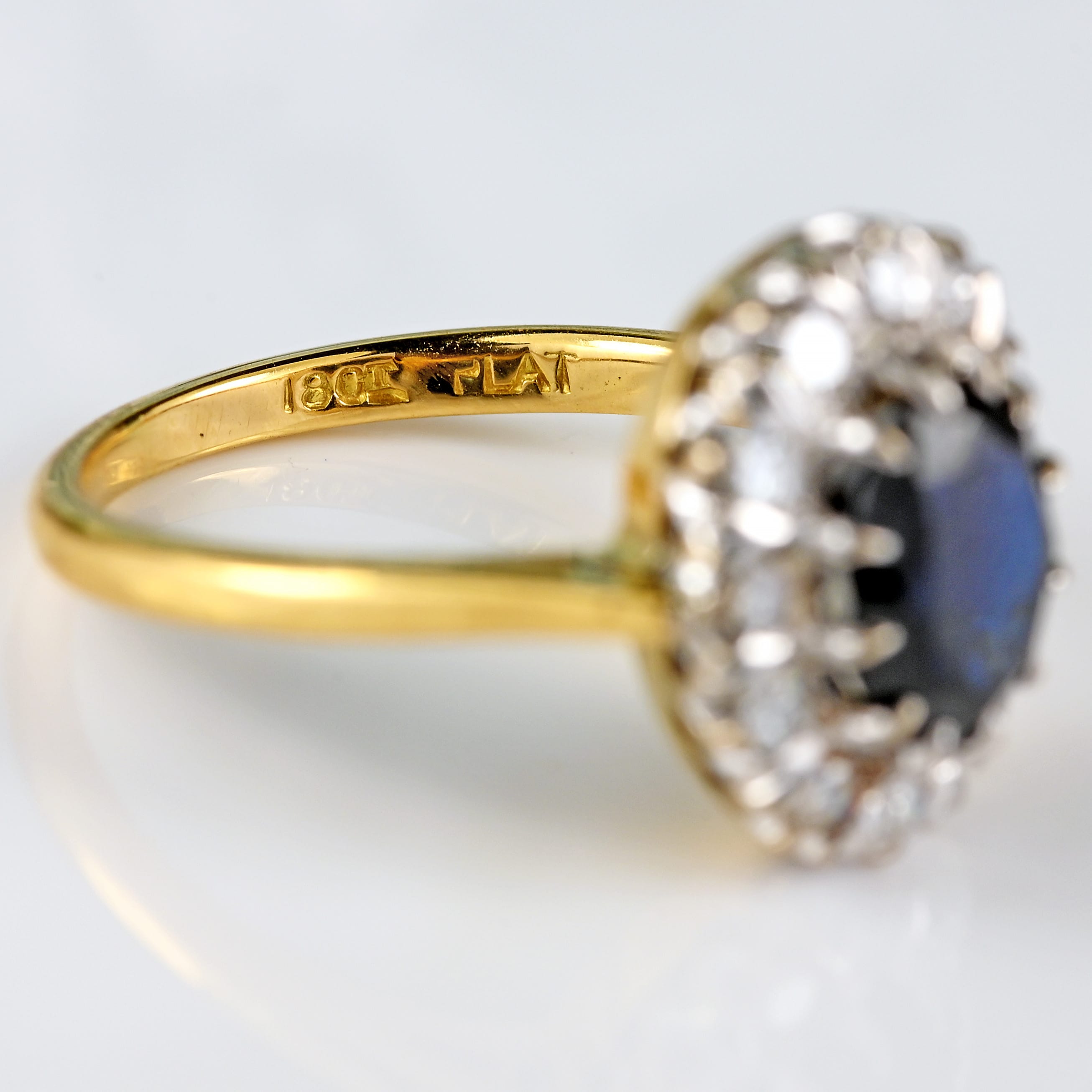 Ellibelle Jewellery Vintage Dark Sapphire & Diamond 18ct Gold Platinum Oval Cluster Ring (1.76cts)